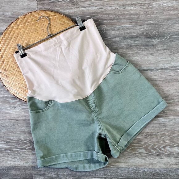 Liz lange maternity green denim‎ shorts midi - Picture 1 of 5